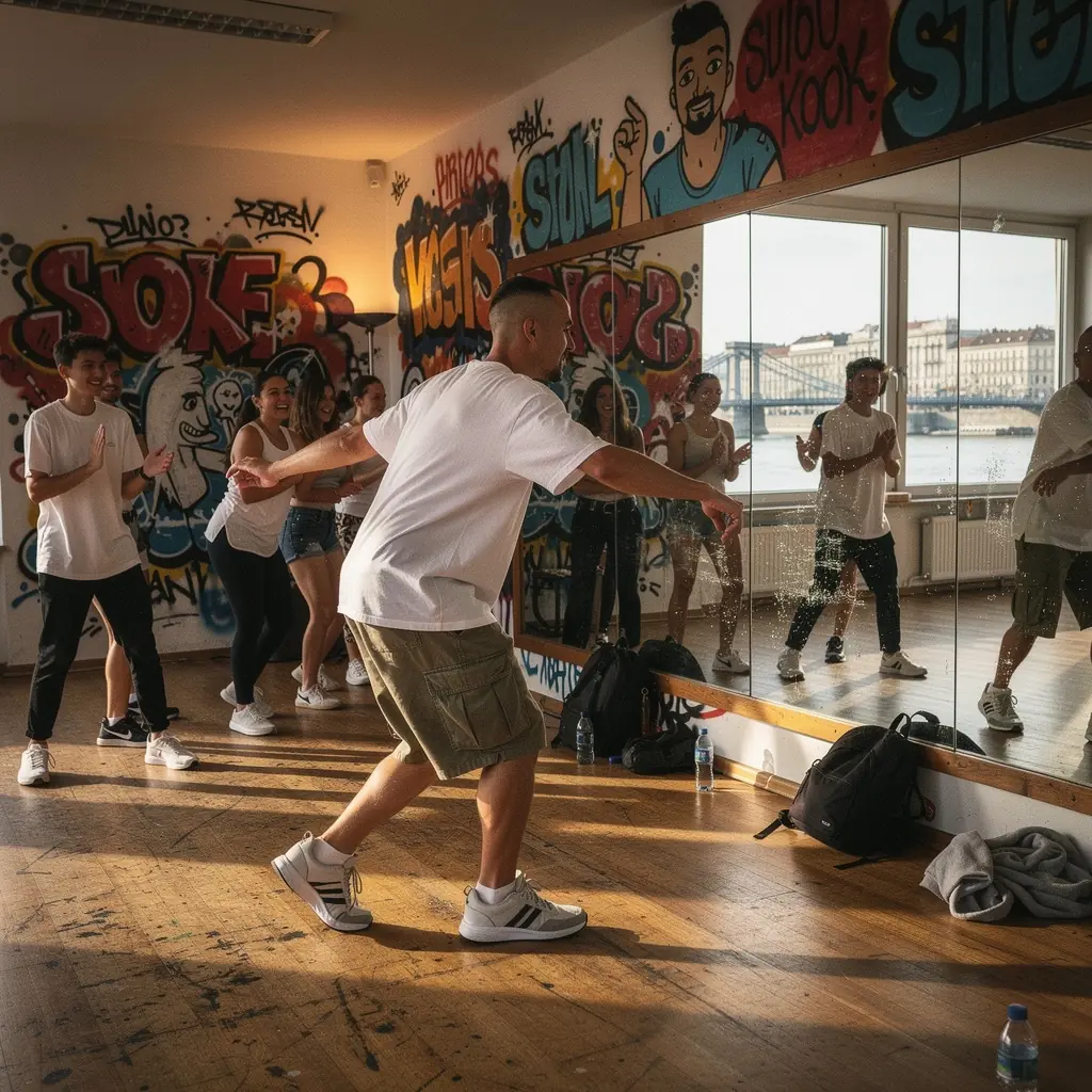 Táncórán résztvevő diákok, akik a mozgás összhangját gyakorolják.