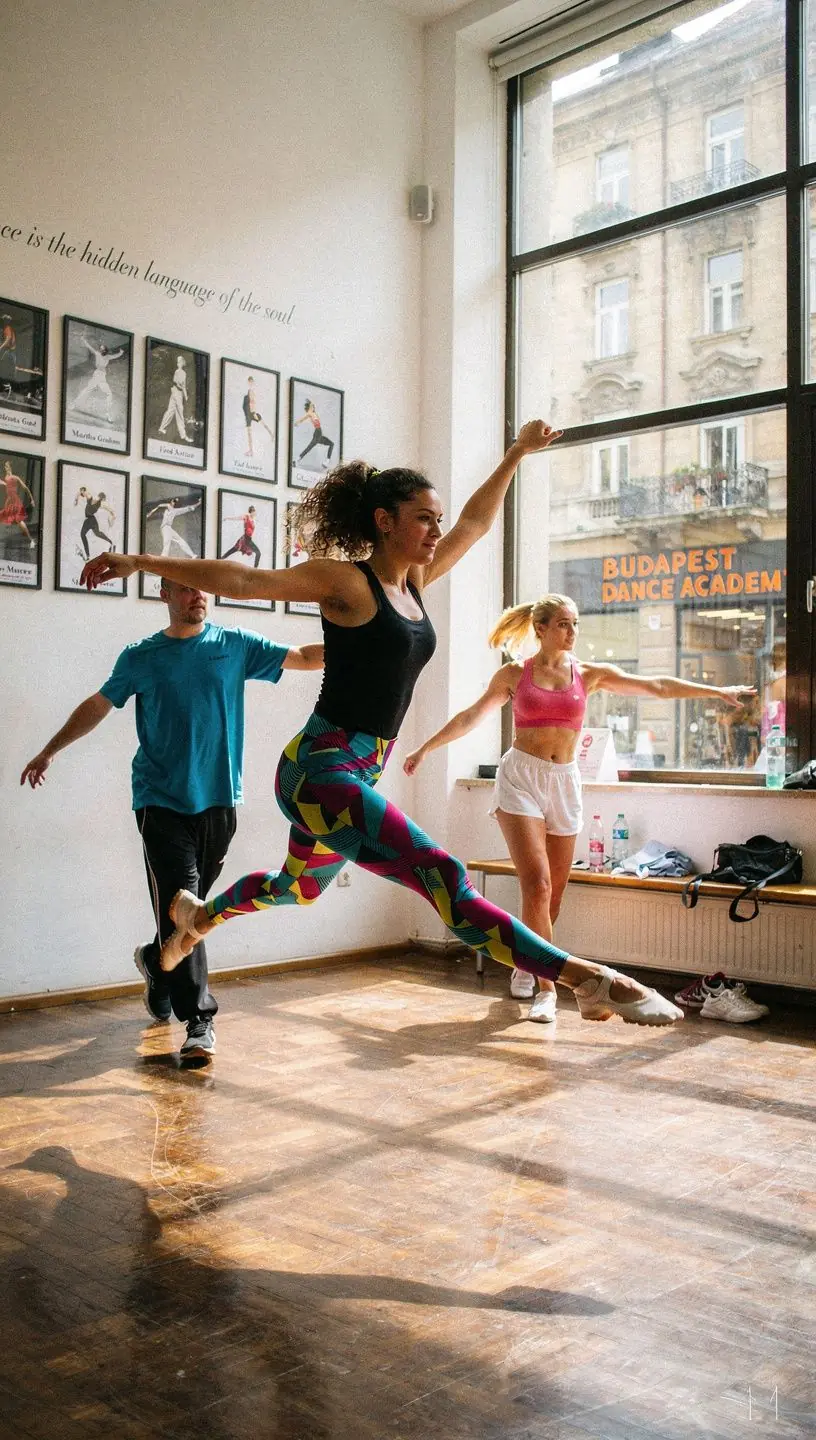 Modern táncosok csoportja, akik energikus jazztáncot mutatnak be egy stúdióban.