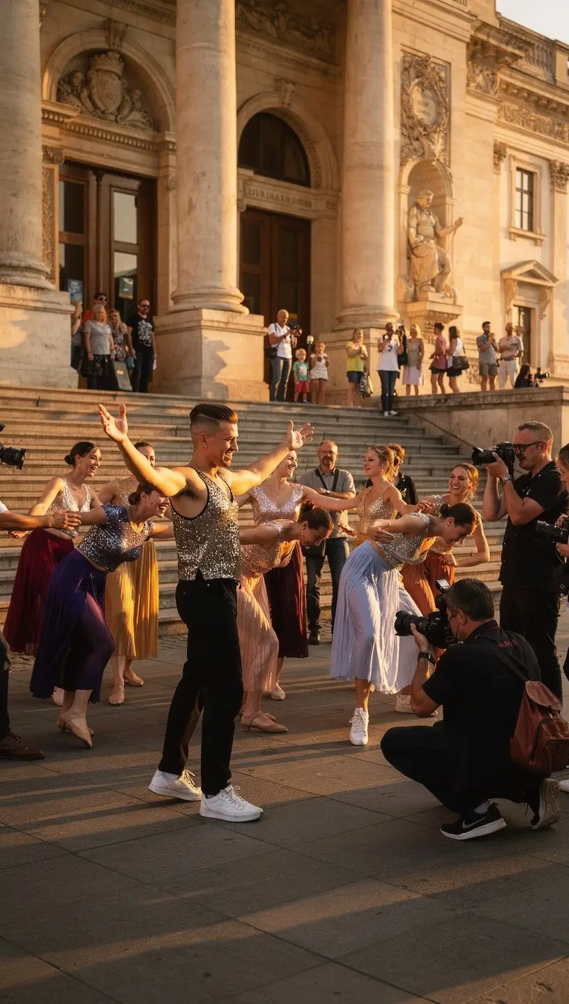 Fiatal táncos nő, aki stílusosan végrehajt egy modern táncmozdulatot egy színpadon.