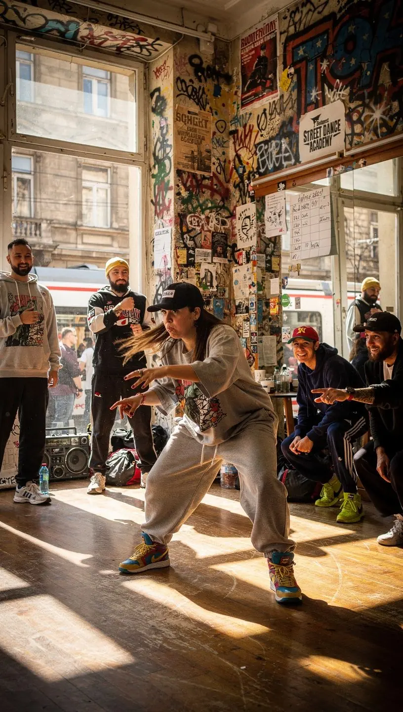 Gyerekek, akik vidáman tanulják a street dance alapjait egy online tanfolyamon.