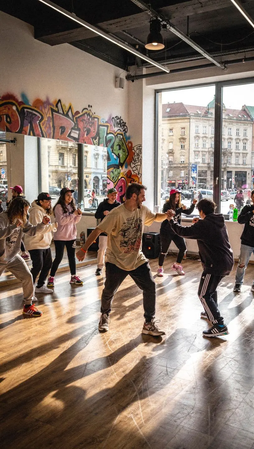 Fiatal táncos nő, aki stílusosan végrehajt egy modern táncmozdulatot egy színpadon.