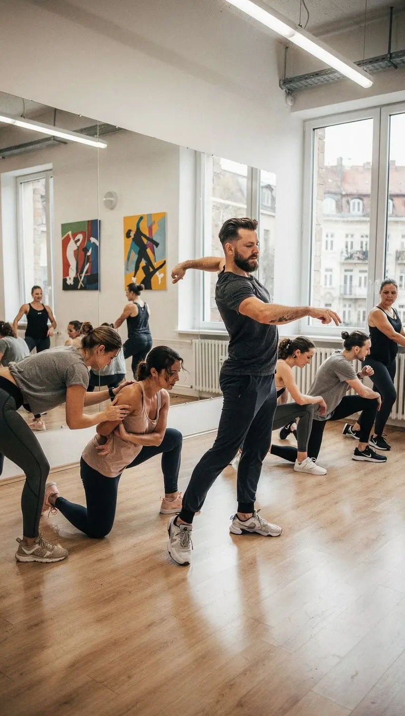 Fiatal táncos nő, aki stílusosan végrehajt egy modern táncmozdulatot egy színpadon.