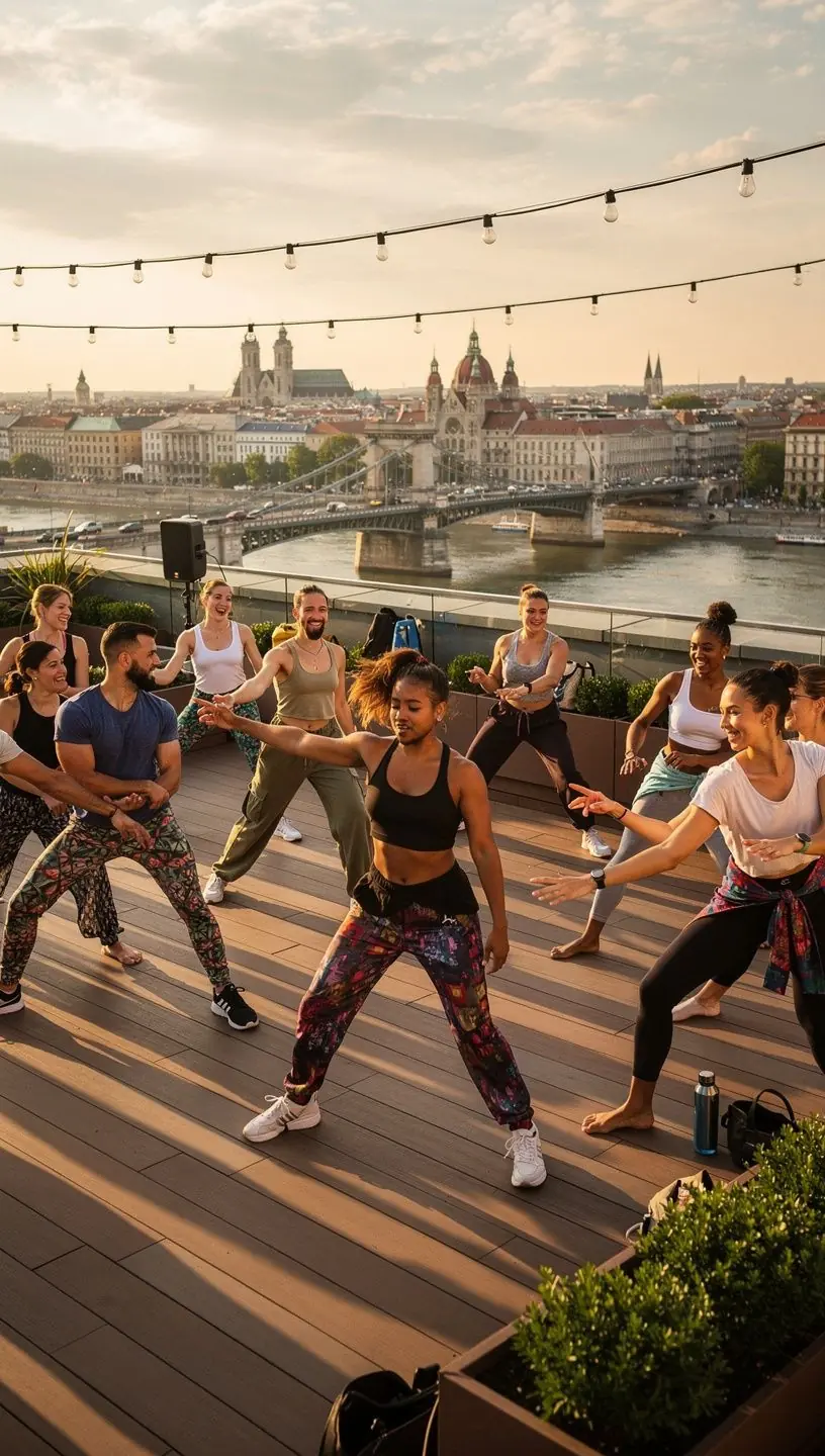 Táncosok csoportja, akik energikusan mutatják be a jazztánc lépéseit egy online órán.